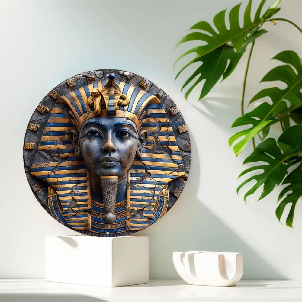 2D Round Aluminum Flat Sign, Egyptian Queen Mask Themed Decoration Office Room Home Decorations, Holiday Gifts, Wall Art Decor