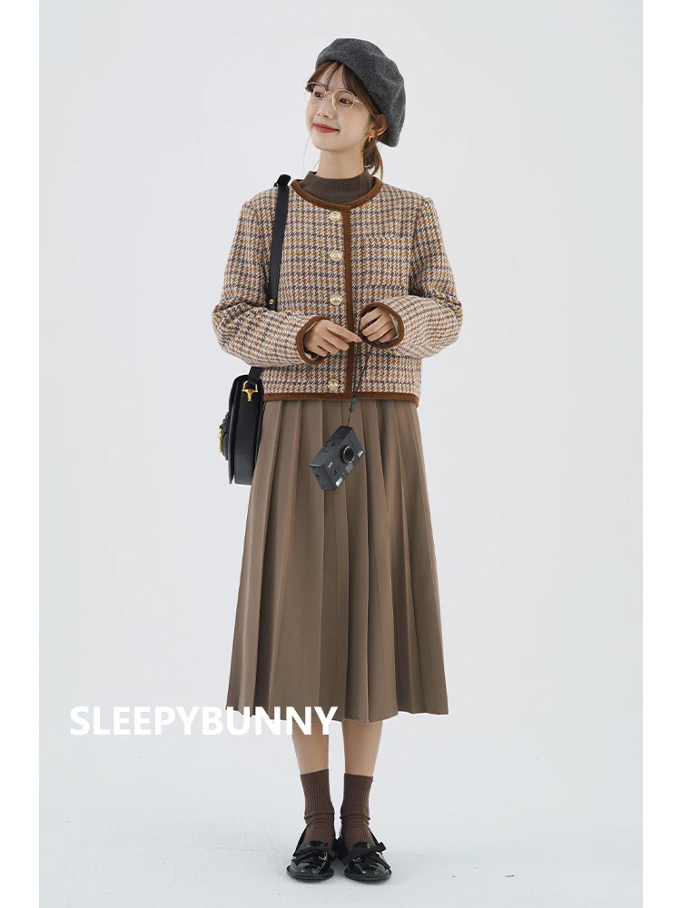 Jaket Pendek Kotak-kotak Elegan Antik Pakaian Luar Wol Musim Dingin Wanita Mantel Leher Bulat Houndstooth Mantel Chic Hangat Retro Kasual Wanita