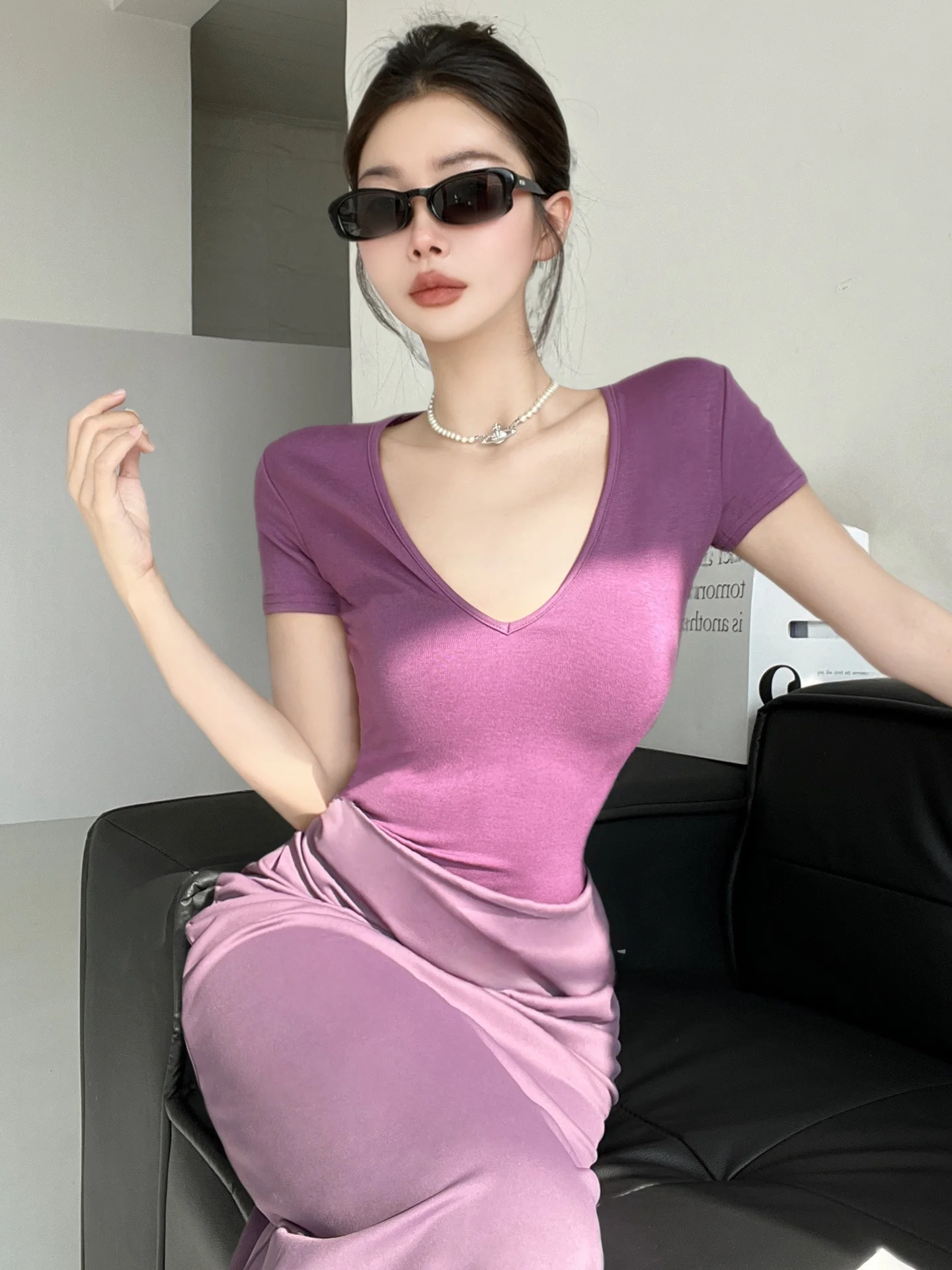 

Sexy Deep V-Ne Color Blo Wrap Bodycon Dr Purple High Waist Long Skirt for Women Ci Walk Summer Thin ort Sve Dr