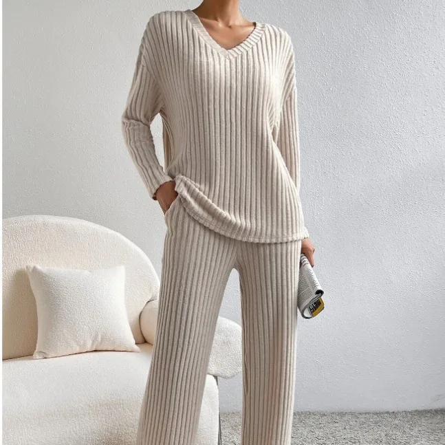 Autumn Winter 2 Piece Set Women Outfit 2024 Fashion Long Sleeve Kmitted Tops And Wide Leg Pants Sets Suit Casual