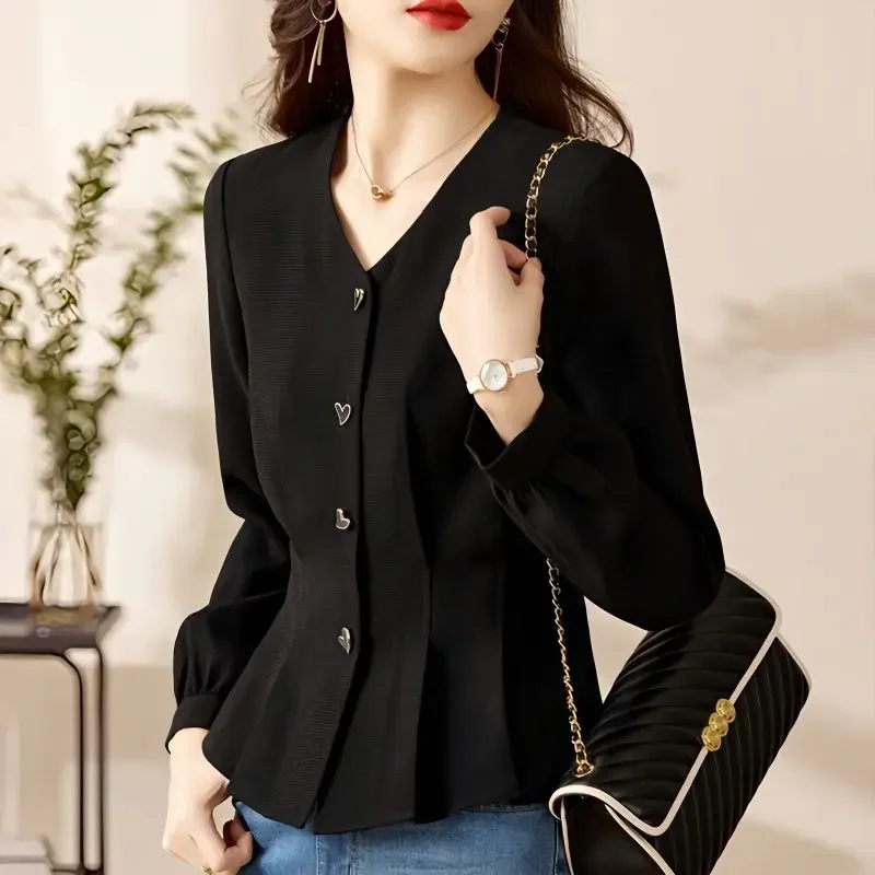 

Office Lady Solid Color Pleated Waist Blouse Spring Chic Heart-shaped Single-breasted Female Clothing Elegant V-Neck Shirt L141