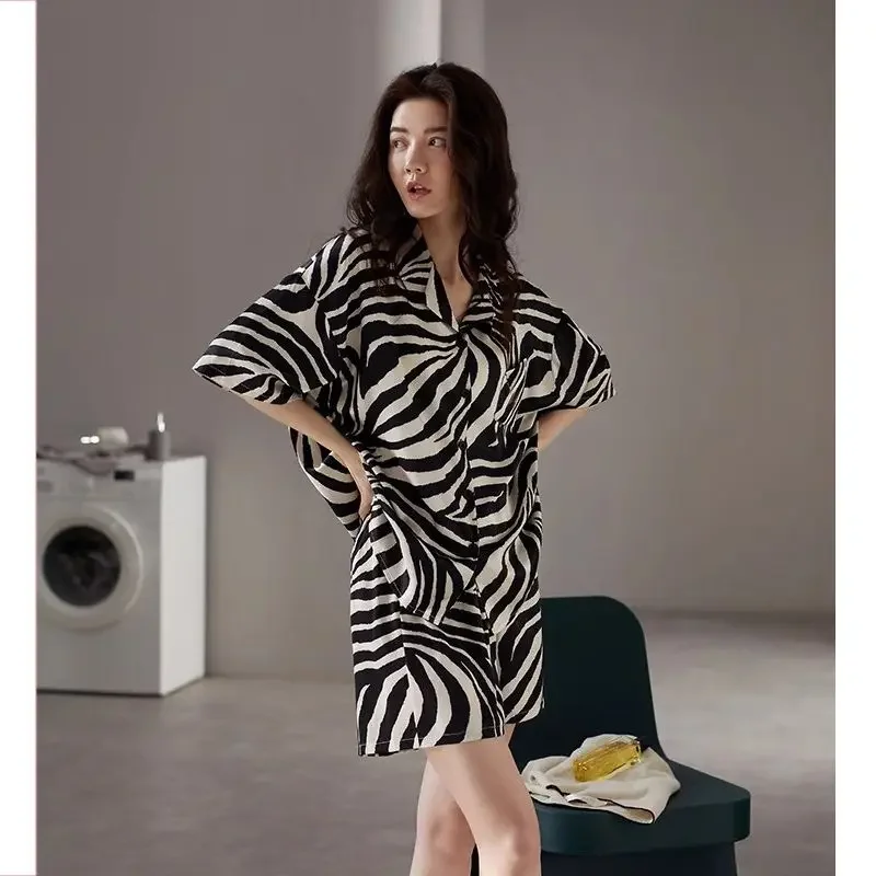 Modal Short-sleeved Shorts Loungewear Zebra-stripe Fashion Suit Refreshing Loose Comfort Advanced Pajamas Female Summertime