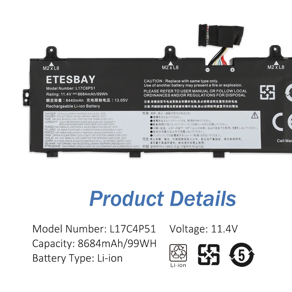 ETESBAY 노트북 배터리, Lenovo ThinkPad P72 P73 시리즈 노트북 L17M6P52 01AV497 01AV498 5B10W13903 931QA100H, L17C6P51 99WH