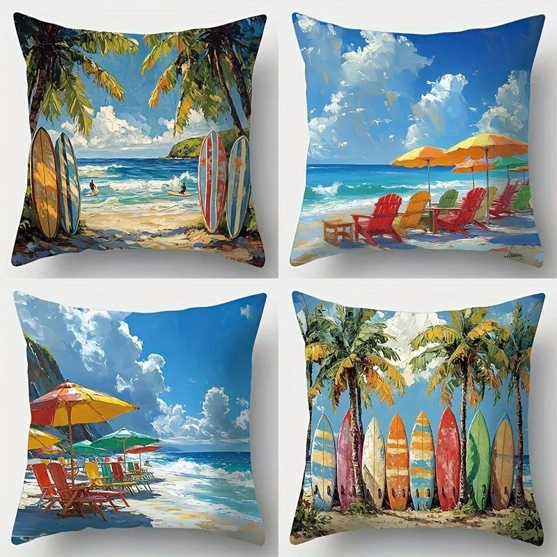 Beach Scene With Surfboard And Parasol Cushion Covers For Sofa Bedroom Car Pillow Covers