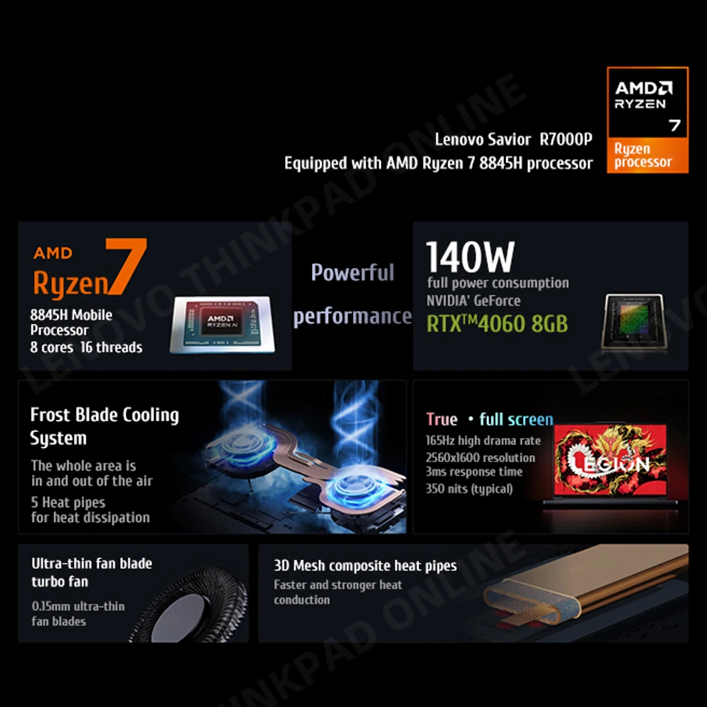 Lenovo-Ordinateur portable de jeu LEGION, R7000P, AMD R7 2024 H, NVIDIA GeForce RTX 8845, 16 Go de RAM, 1 To DDR5, 16 pouces, écran 4060Hz, ordinateur portable PC, 165