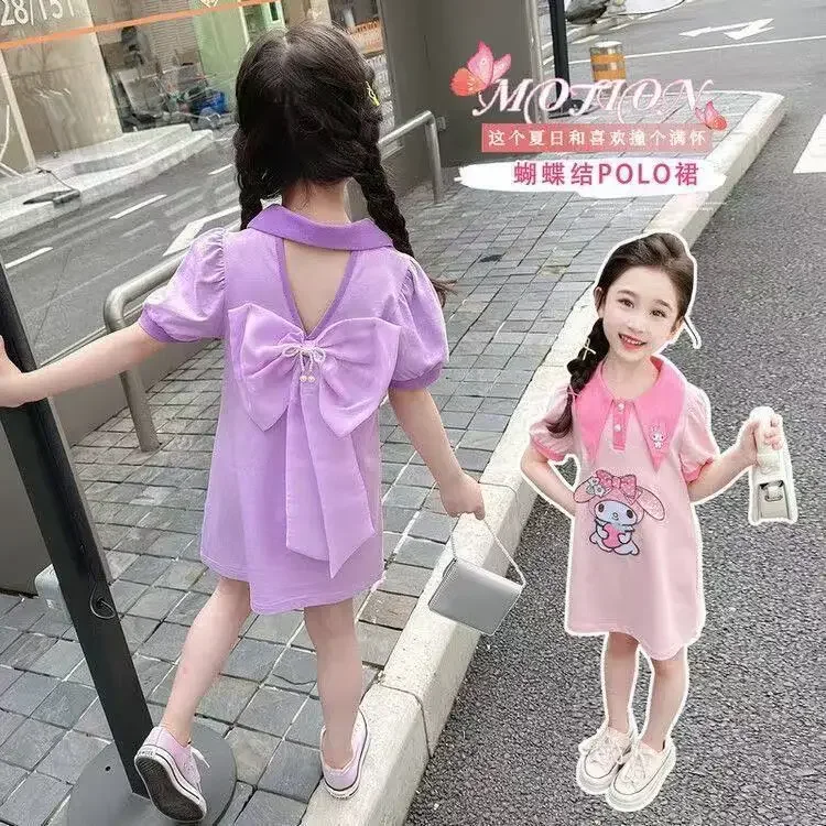 

Sweet Kuromi Kawaii Sanrio Ins Fashion Short Sleeve Dress Summer Cute My Melody Baby Skirt Princess Clothes Gifts for Kids
