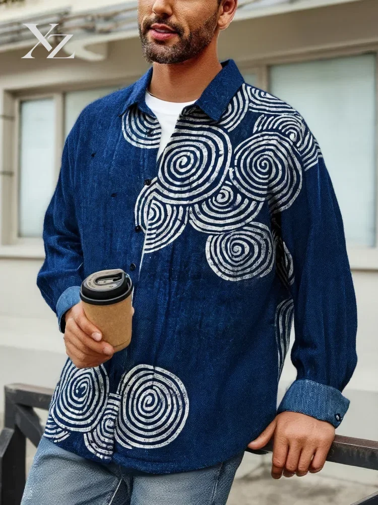 Men's Japanese Sashiko Art Blend Long Sleeve Lapel Neck Blouse Chic Casual Loose Button Holiday Commute Shirt