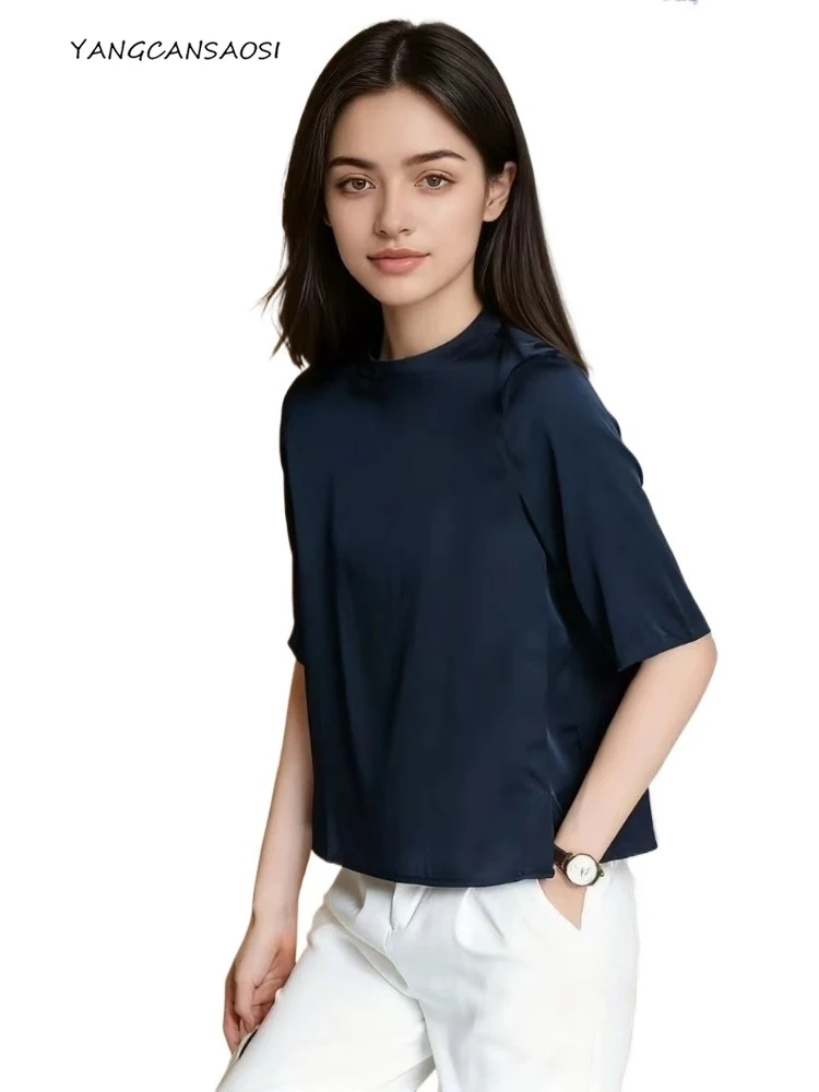 

2025 Women's Fashion Clothing New High-end Heavyweight 91.4% Natural Mulberry Silk Elastic Satin Solid Half Sleeved T-shirt