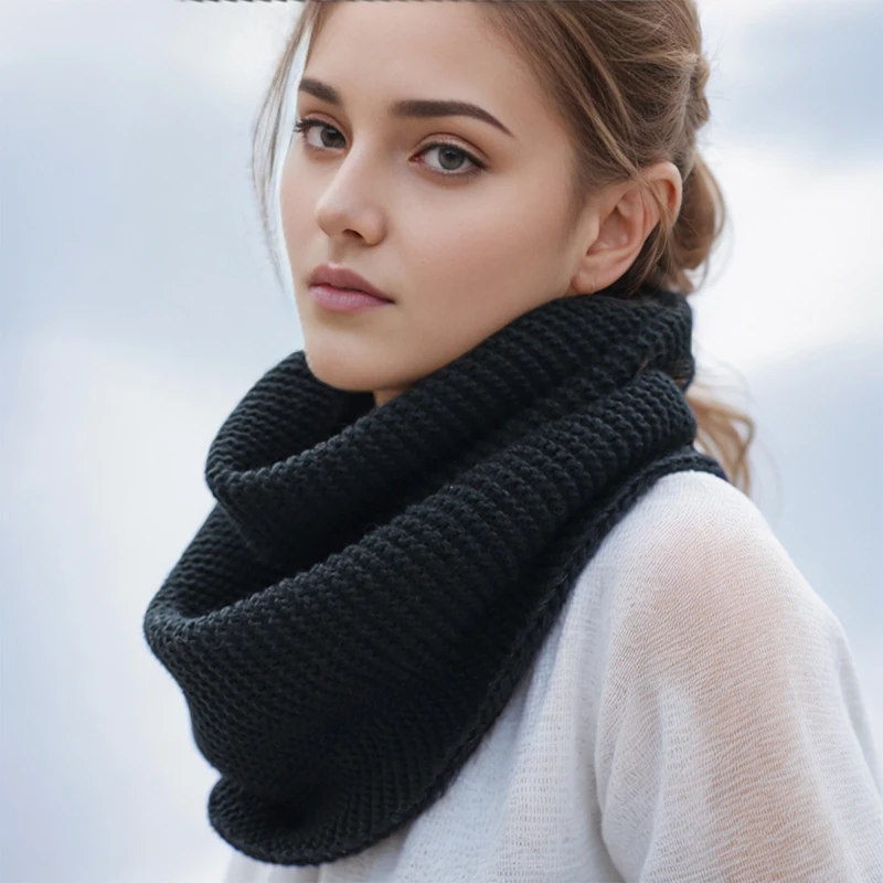 Womens Winter Knitted Solid Thick Scarf  Winter Circle Loop Scarf Vintage Teenagers Girls Ring Scarves Autumn Winter Warmer Neck