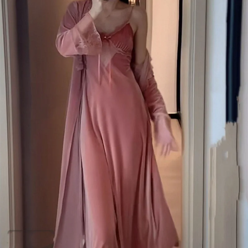 Long Elegant Robe Set Winter Autumn Sleepwear for Female Warm Velour Bathrobe Gown Sexy Lace Up Nightdress Intimate Lingerie