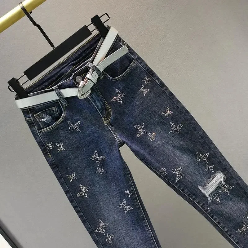 Spring Summer 2024 New Fashion Harem Denim Pants Female Korean Version Elastic Rhinestones High Waist Jeans Pencil Pants