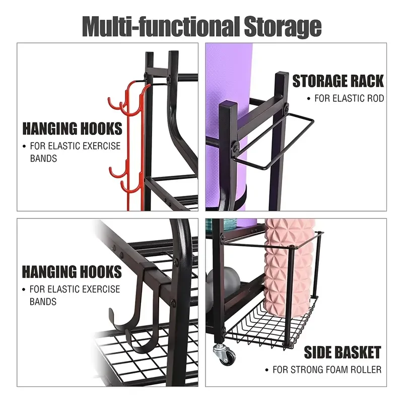 Heavy Duty Rolling Yoga Mat Storage Rack Removable Exercise Equipment Organizer on Wheels for Home Gym Fitness Gear Holder
