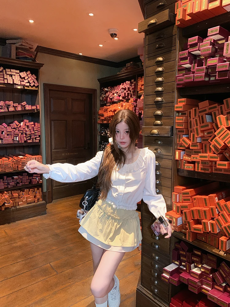 

Женская модная осенняя новинка: корейская блузка Sasaouni с белым воротником-рюшами, из смесового хлопка, с длинным рукавом