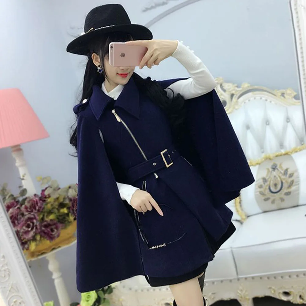 

Ponchos Jackets Women 2022 Autumn Winter Women Coats Dark Blue British Style Zip Cloak Woolen Thick New Slim Handsome Outwear