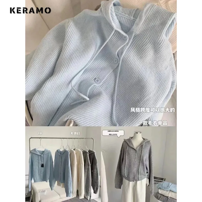 2023 Autumn Winter Casual Hooded Knitting Long Sleeve Cardigans Women Korean Fashion Solid Color Single Breasted Simple Sweater