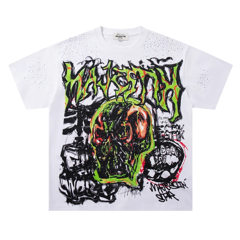 MAJESTIK American High Street Trend Brand New Hot Diamond Men Women Print Short Sleeve High Quality Cotton T-shirt