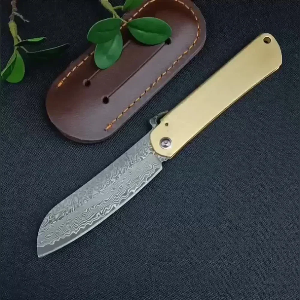 Higonokami Style Pocket Folding Knife, Damascus Pattern Steel Copper Handle, Portable Outdoor Camping Survival Utility Knife