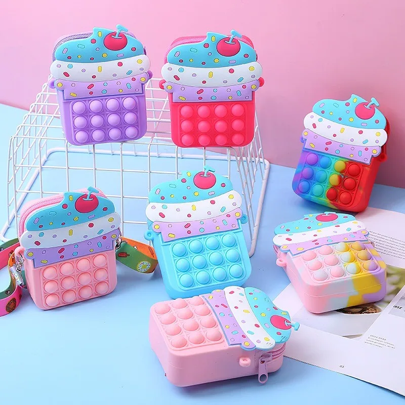 Girls Toys Silicone Ice Cream Messenger Bag Coin Purse Children's Decompression Pop Fidget Toys