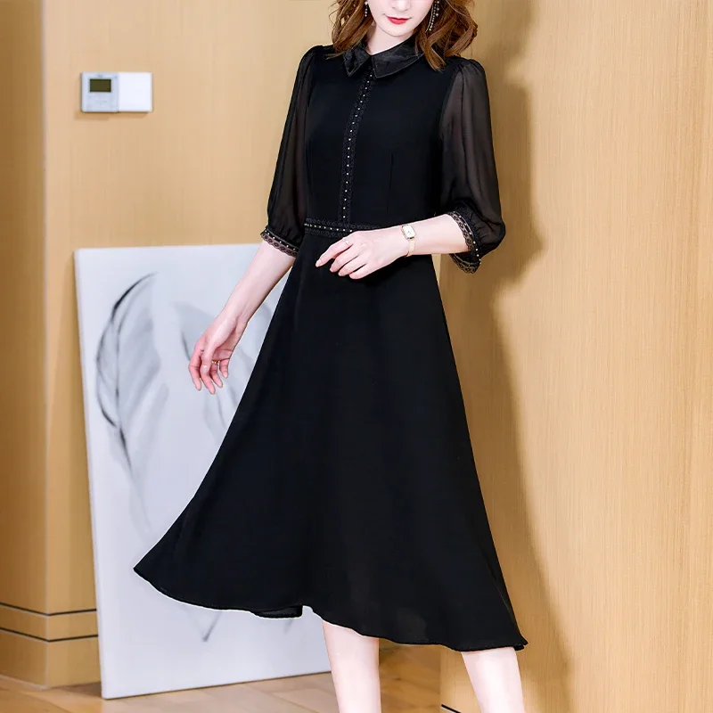 

Summer Black Chiffon Polo Collar Midi Dress 2024 Korean Vintage Hepburn Casaul Dress Women New Elegant Bodycon Office Lady Dress