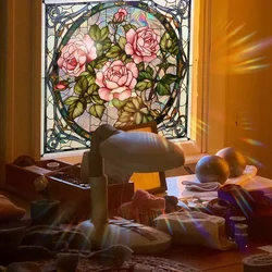 Square Retro Sunlight Rose Stained Window Sticker Art Colorful Glass  Electrostatic Stickers for Living Room Home Decoration