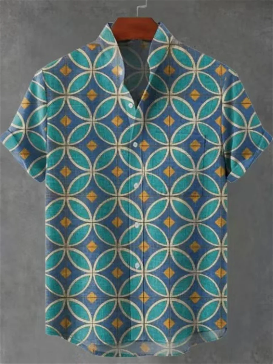Men's new casual 3D printed square graphic vintage art linen short-sleeve stand-collar shirt comfortable button top