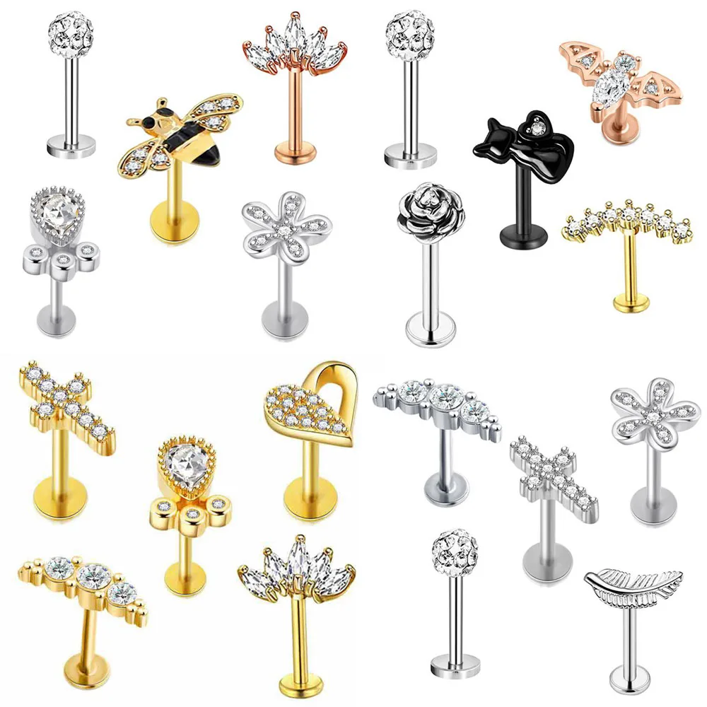 Miqiao 1 Set Simple Stainless Steel T-Bar Piercing Lip Decoration Zircon Ear Bone Screw Screw Personality Stud 5 Pieces