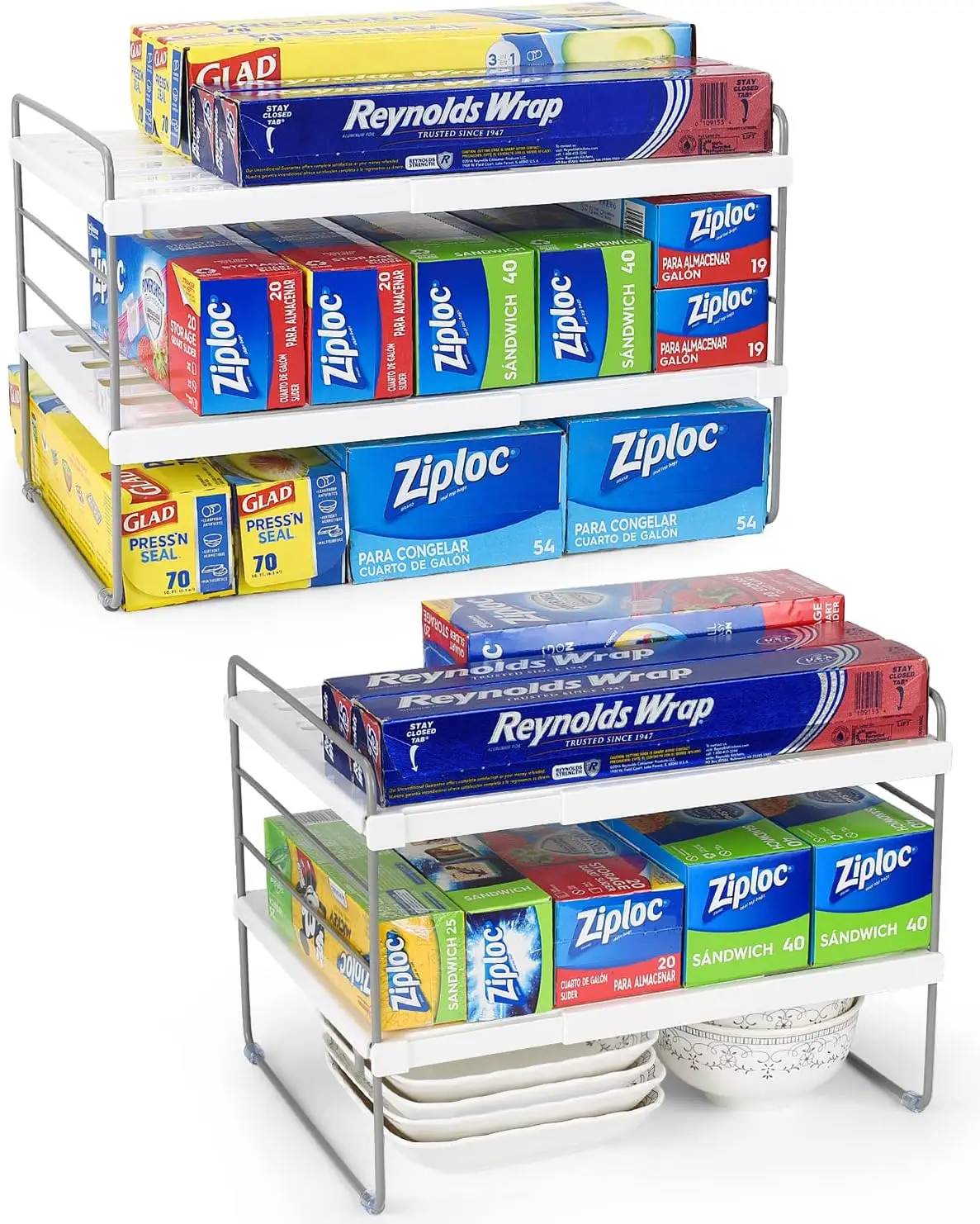 

Регулируемая расширяемая подставка для кухонных принадлежностей, 2 шт. для хранения в кладовой и шкафу - 3-уровневая конструкция