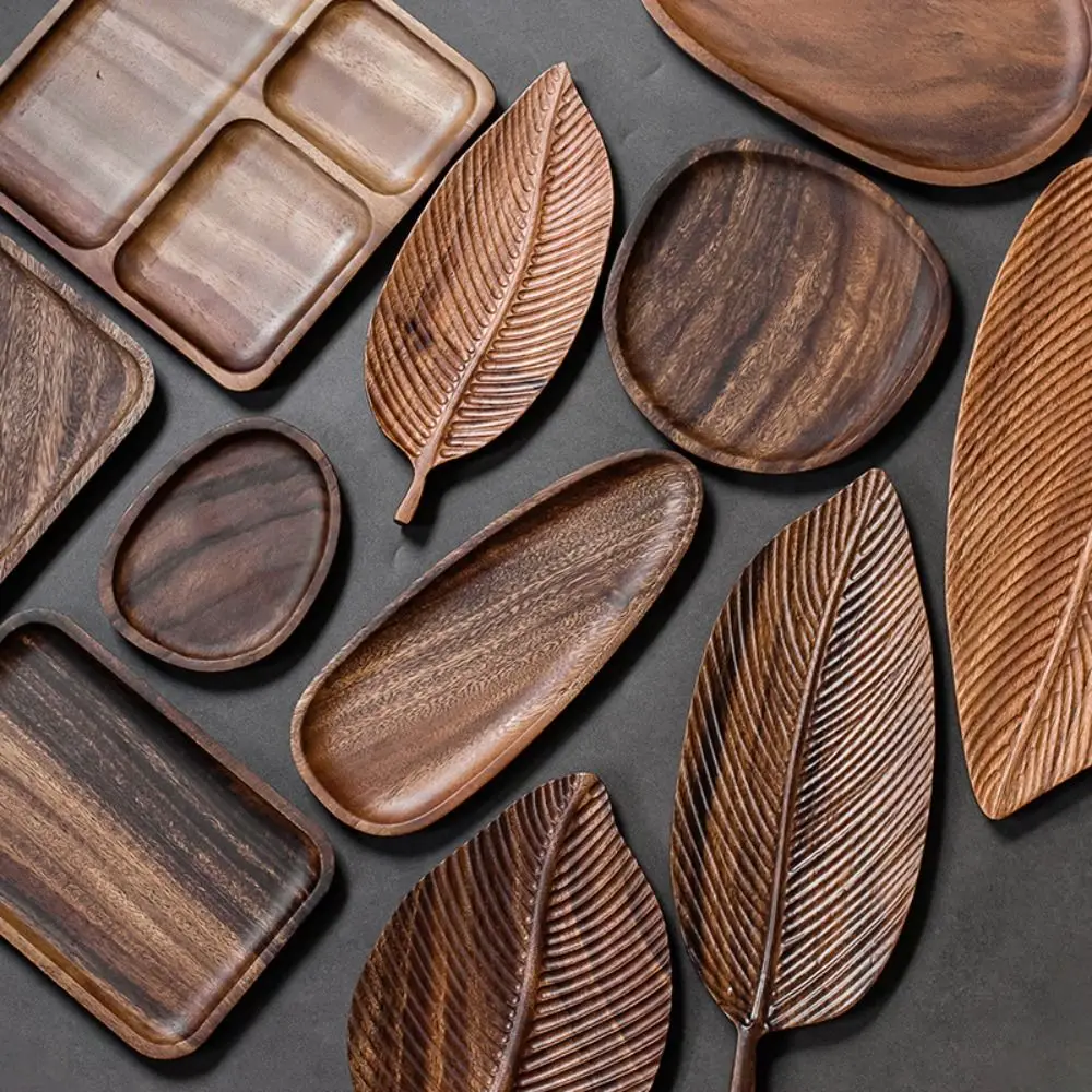 Retro Walnut Tea Tray Wooden Round Serving Platter Tray Leaf Storage Wooden Tea Tray Plate Tea