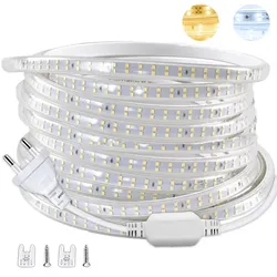LED 스트립 EU 플러그 2835 유연한 리본 조명, 가정용 주방 야외 정원 장식 조명, 방수 LED 테이프, 220V, 1-30m