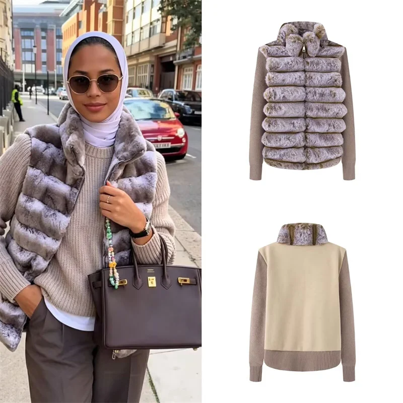 Guobioziy Women's Coat 2026 Autumn/Winter New Fashionable Versatile Stand Collar Patchwork Color-Block Thick Faux Fur Coat