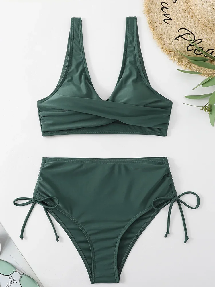 2026 New Summer Swimwea Bikini Set Sexy Solid Pleated V Neck Bikini 2 Piece Set Women Split Swimsuit Beach Style Bikini
