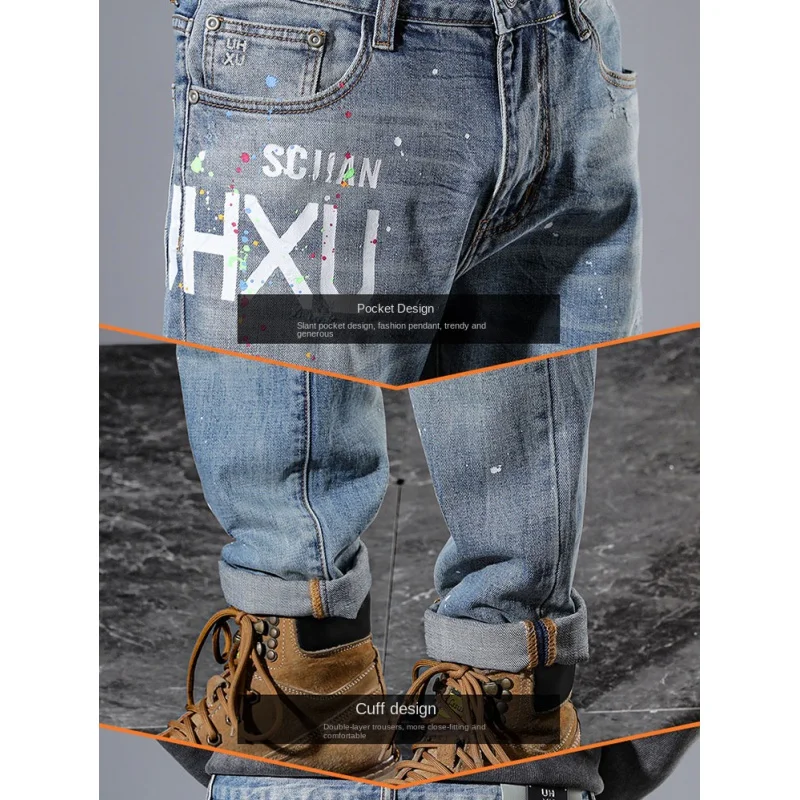 High-end personalised biker ripped patch patch men's jeans vintage washed ins light blue printed spray-painted trousers