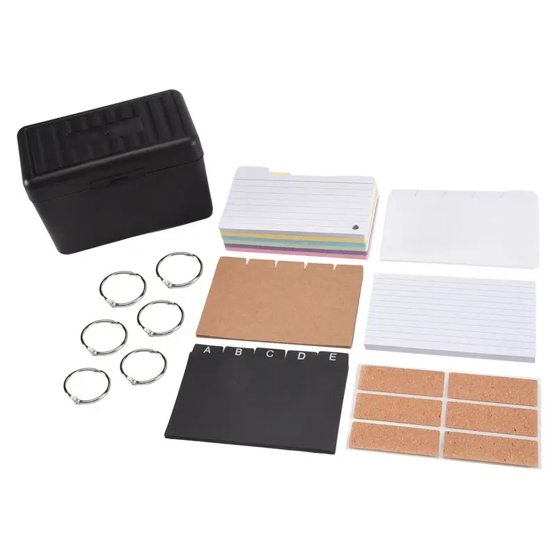 A36T-Index Card Holder Set,Index Box With 230 Assorted Flashcards, Colourful Lined, 6 Rings And Stickers Perfect For School