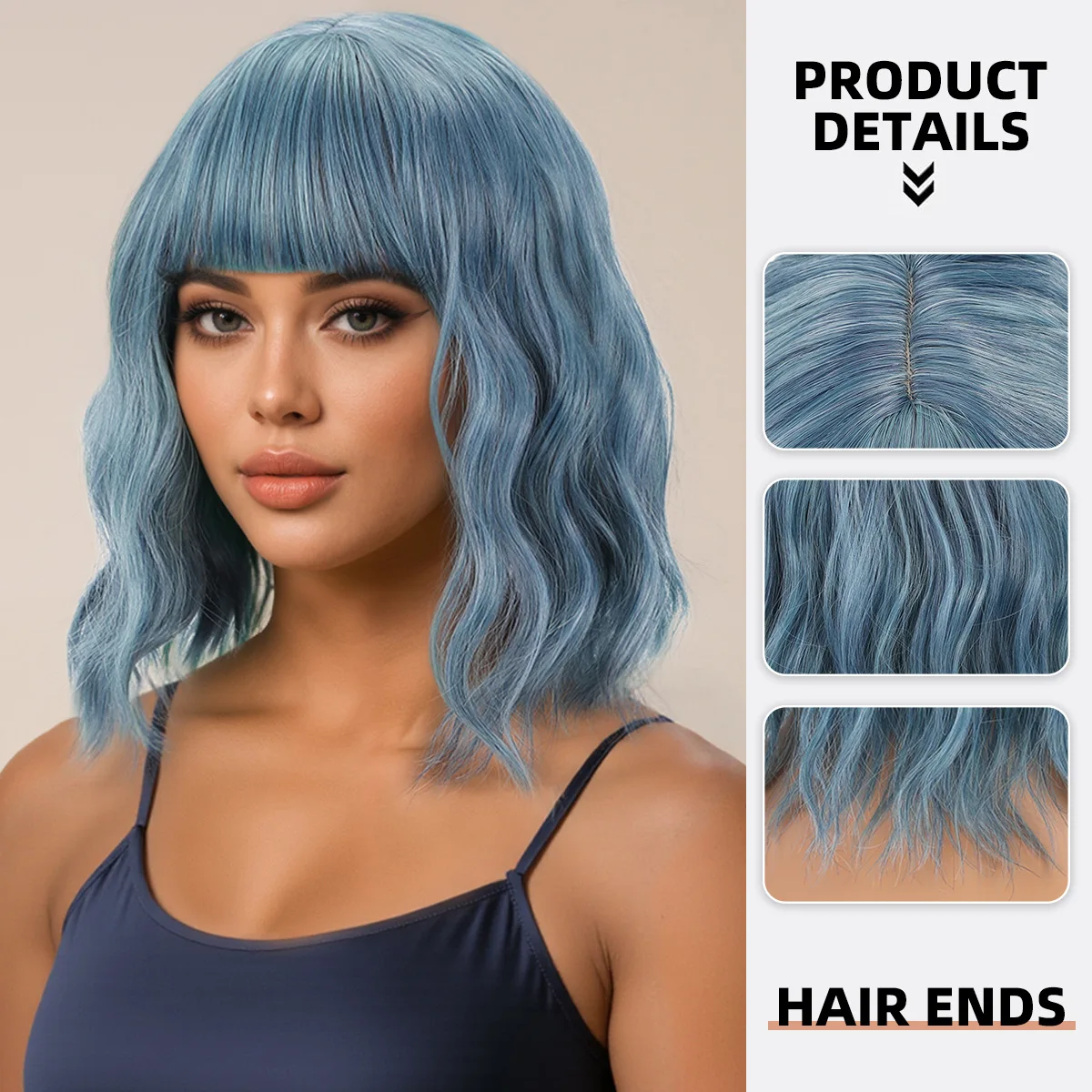 Synthetic Long Wavy Wig for Women Fashion Big Curls Grey Blue with Full Bangs Natural Look Cosplay Costume Party Daily Wear