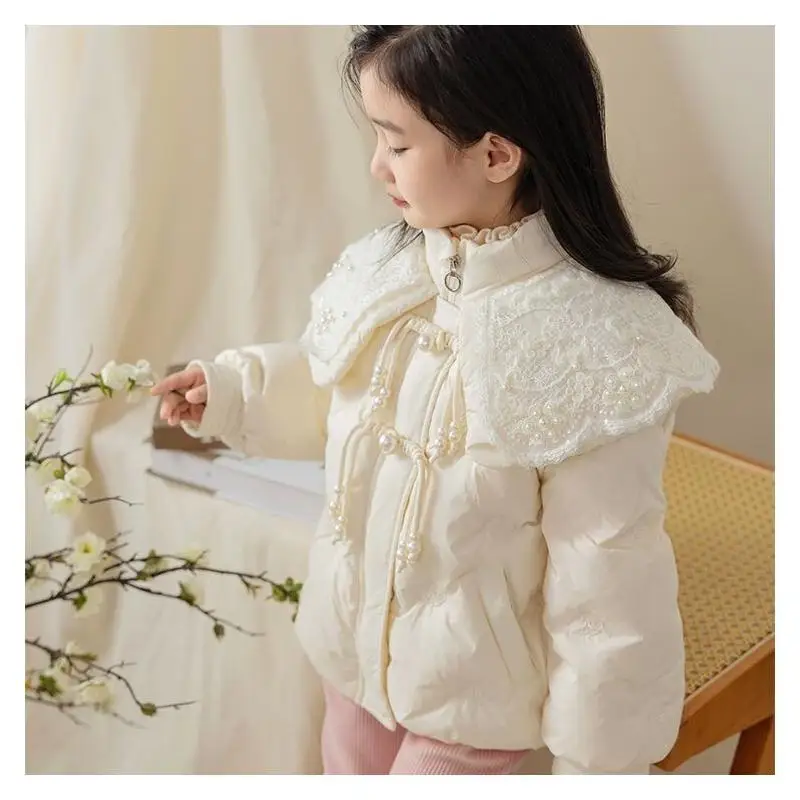 Chinese Style Embroidered Girls Princess Cape 2025 Winter Warm Fluffy Feather Silk Jacket Traditional New Year Party Outfit