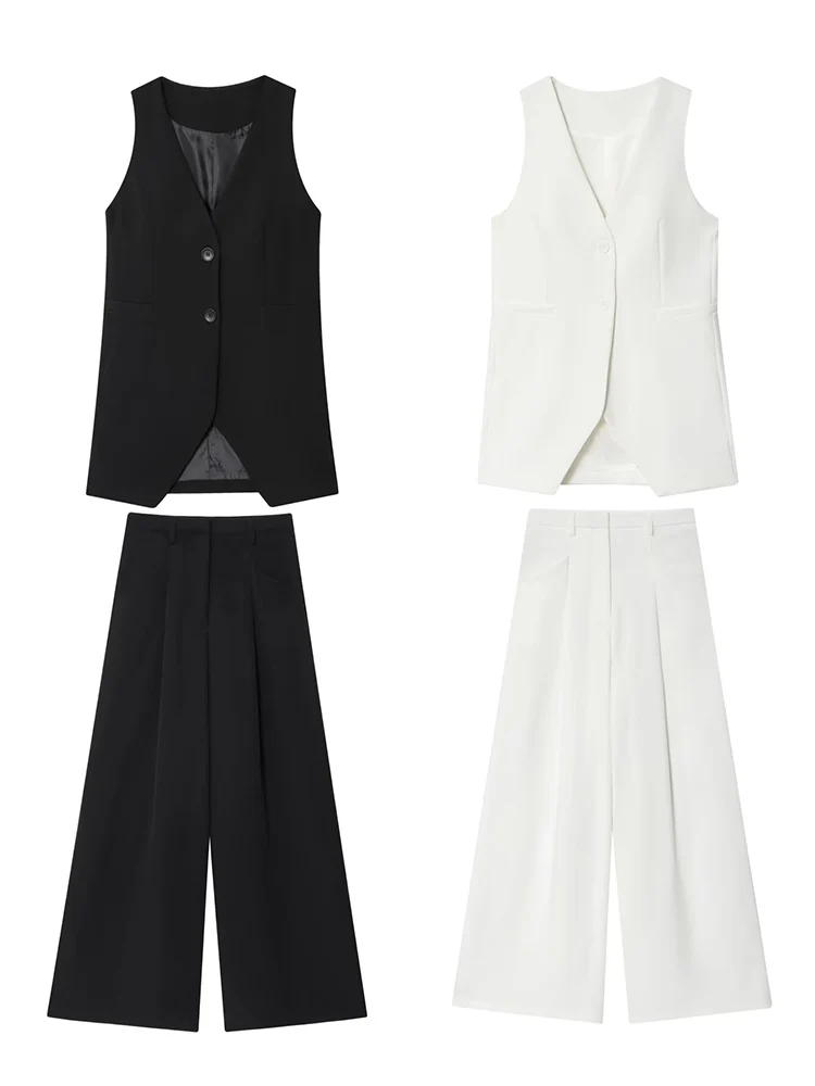 TFMLN-Conjunto de pantalones y chaleco informal para mujer, camisetas sin mangas con cuello en V y bolsillo falso, pantalones de pierna ancha de cintura alta, traje elegante para mujer