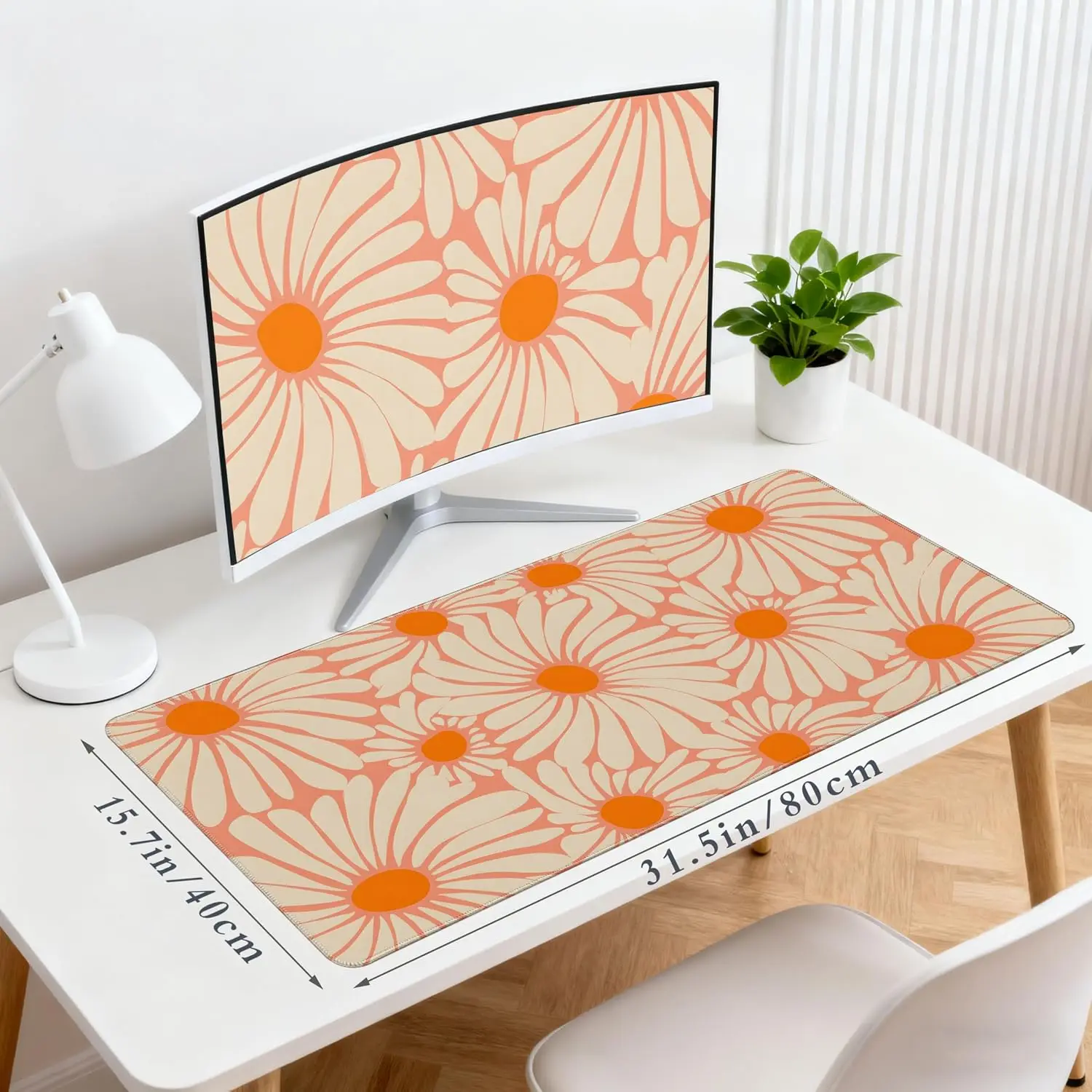 Boho Big Daisy Large Desk Mouse Pad,Vintage Orange Beige Tone Floral Full‑Coverage Art Print,Non‑Slip Mat For Gaming Office Desk