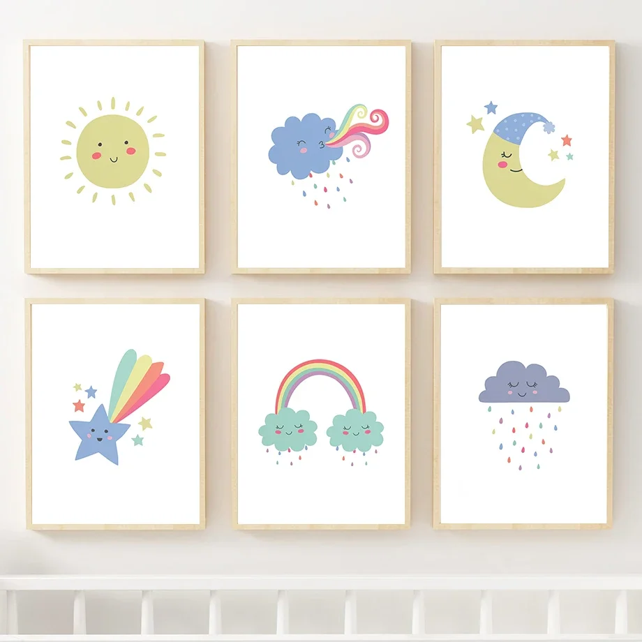 

Colorful Rainbow Cloud Sun Moon Stars Wall Art Canvas Painting Nordic Posters And Prints Cartoon Wall Pictures Kids Room Decor