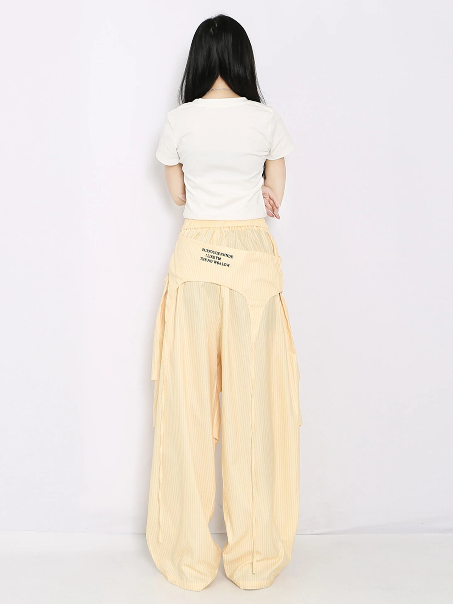 Retro American Design Embroidered Yellow Wide Leg Pants Loose Fit Lightweight Summer Casual Trousers for Women