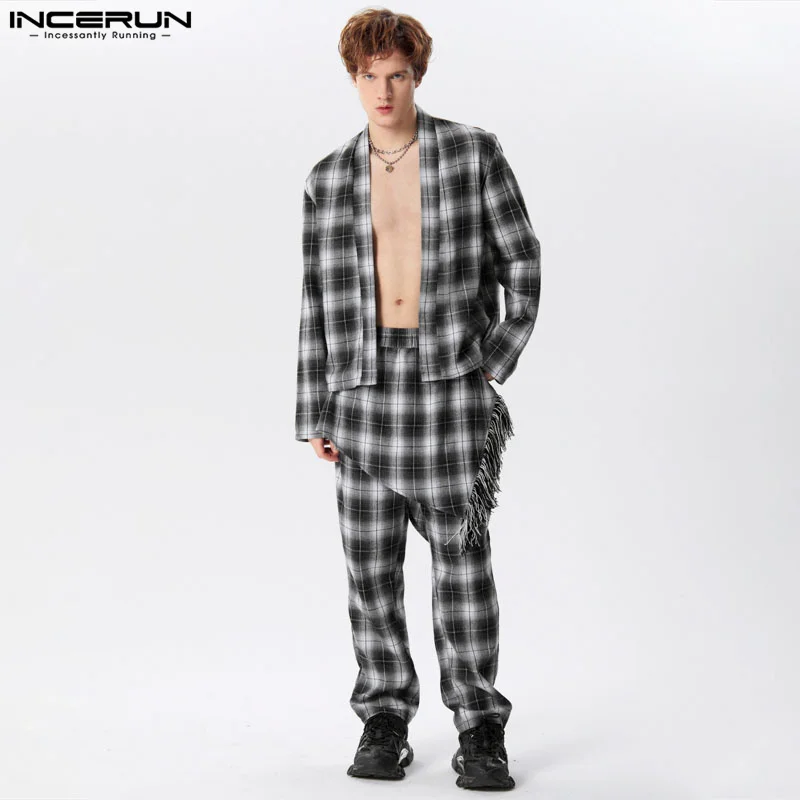 

INCERUN 2024 American Style Men's Sets Plaid Cardigan Fake Two-piece Design Long Pants Casual Well Fitting Two-piece Sets S-5XL