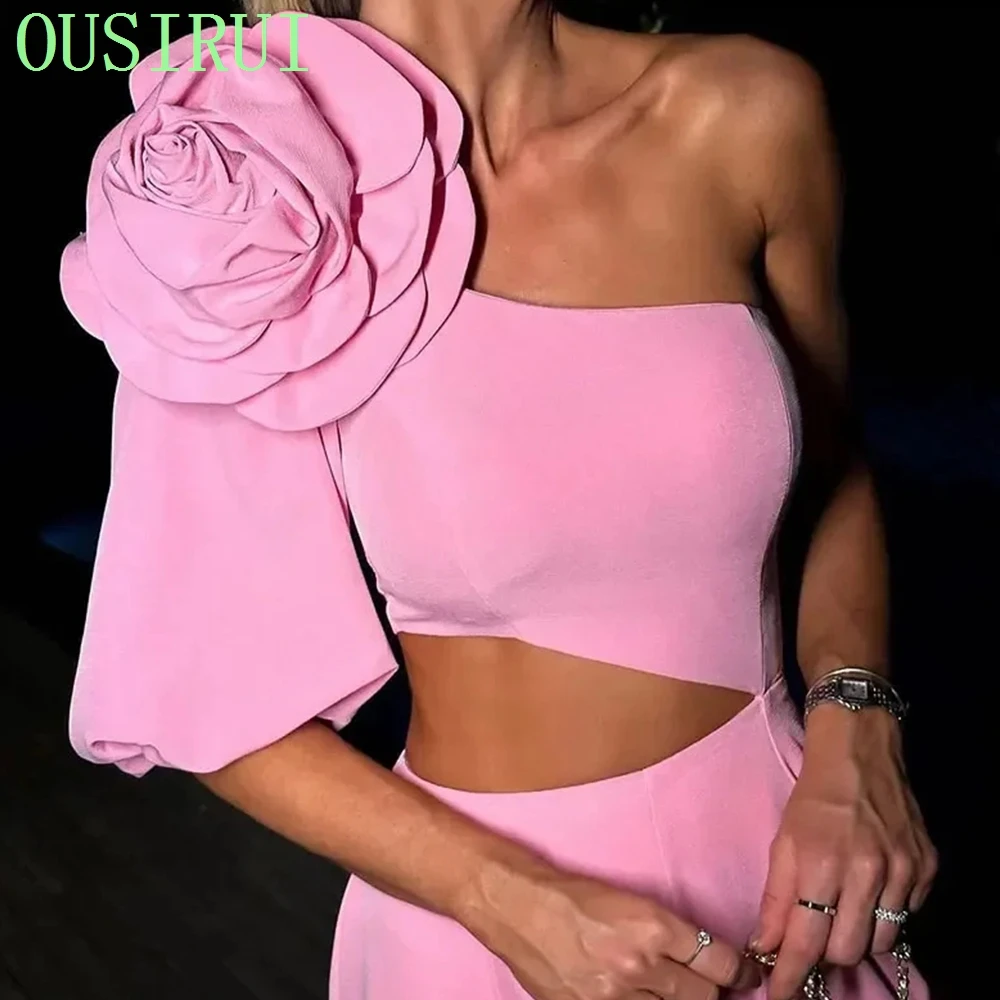 OUSIRUI élégant fleur découpé Maxi robes femmes mode une épaule manches dos nu robe Chic dame fête Club robes