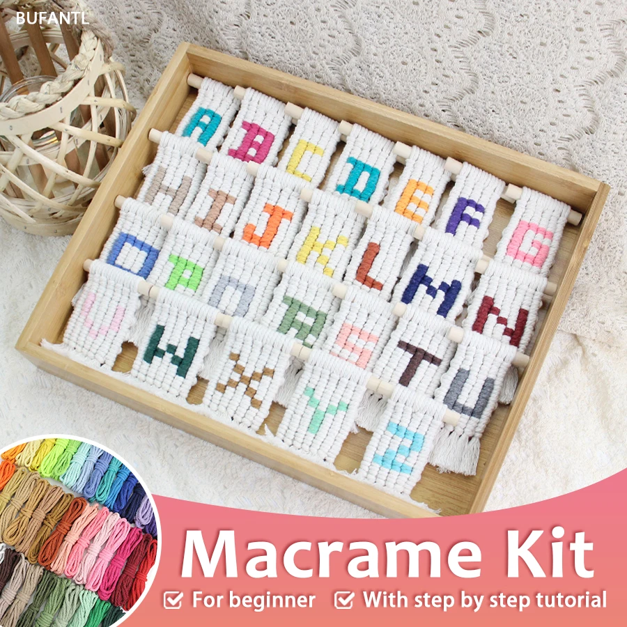 اليدوية المنسوجة الأبجدية قلادة مكرامية عدة مع البرنامج التعليمي للمبتدئين اليد DIY بها بنفسك الأبجدية المفروشات الصغيرة الفن جدار ديكور الحرفية