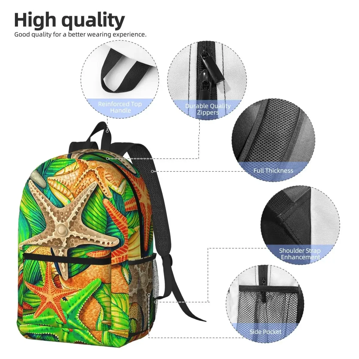 Beachthemed Starfish Shell Pattern Backpack Student BookBag Children School Bag Computer Shoulder Bags for Men Women