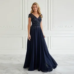 Customized Elegant V-Neck Mother Of The Bride Dresses Cap Sleeve A-Line Prom Party Gown Beading Floor-Length Evening Dress