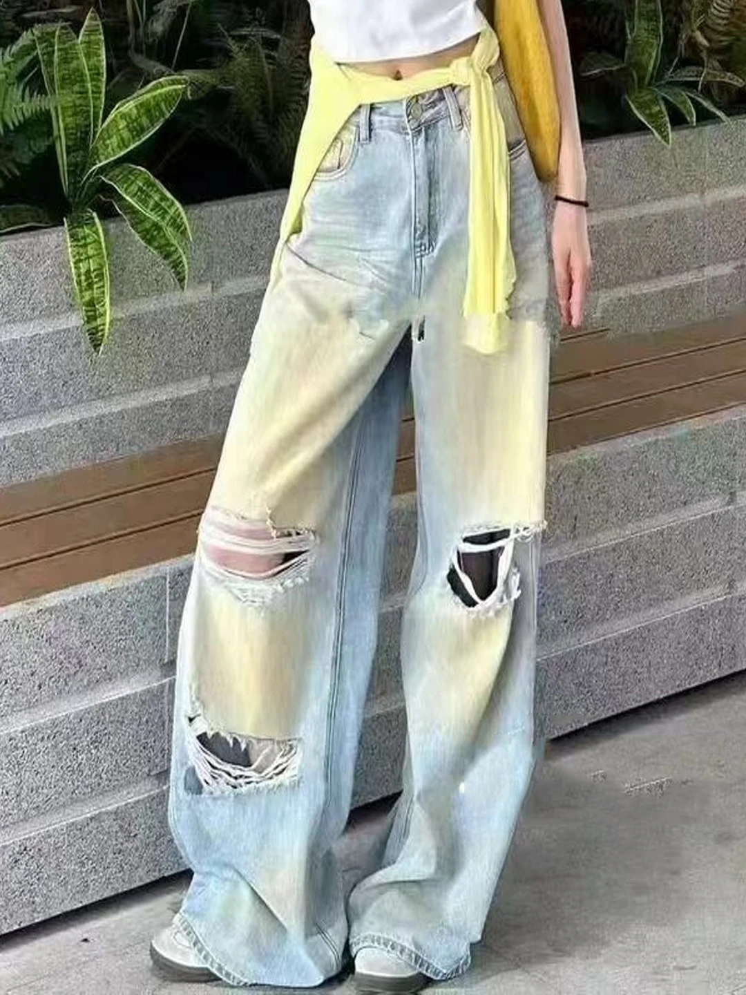 

Retro Washed Hole Straight Leg Jeans Women Summer Street Style Slim Long Pants High Waist Wide Leg Denim Skinnies Casual Jeans