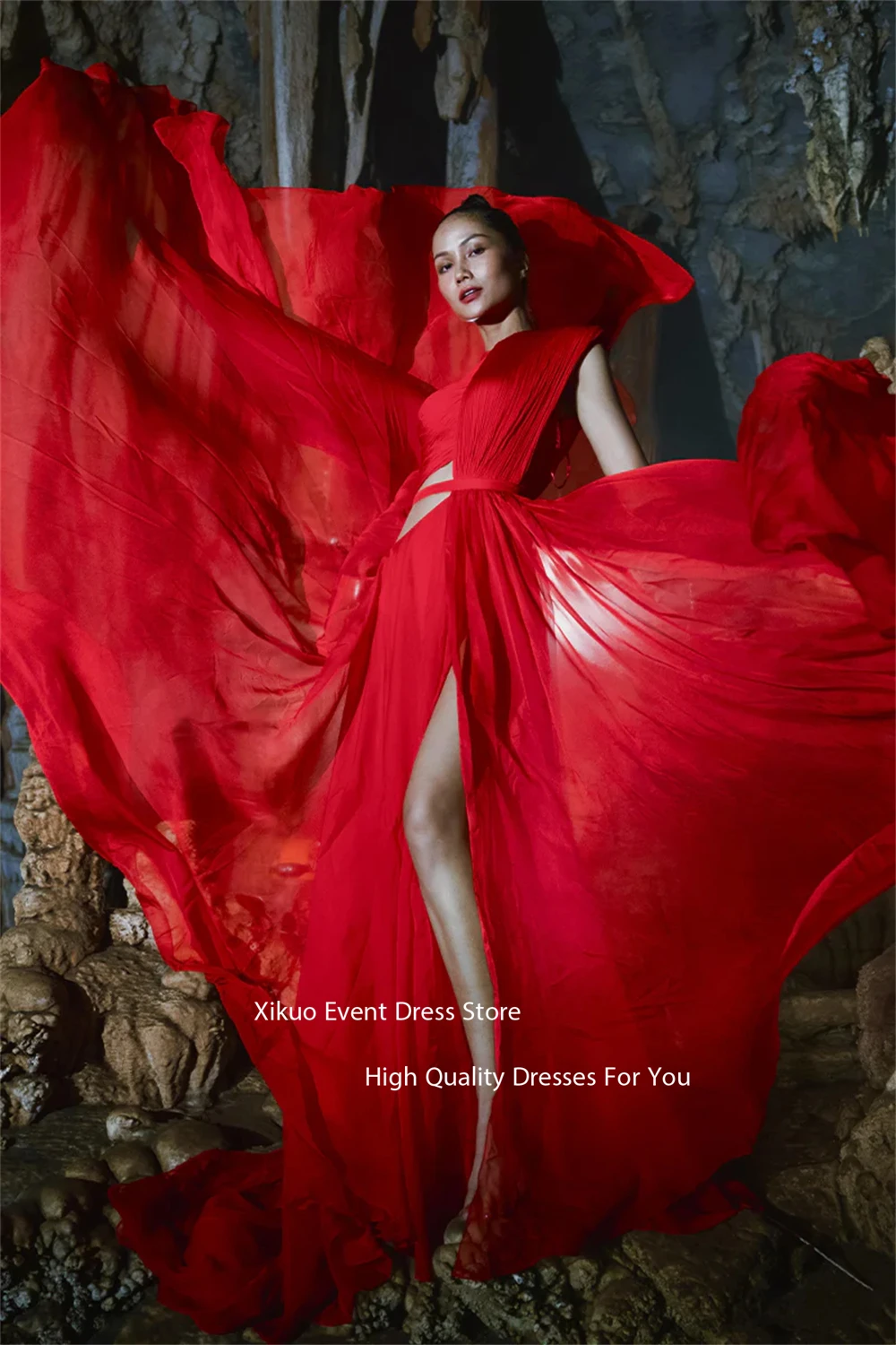 Xikuo Rot Fließende Abendkleider Hohe Schlitz Maxi Prom Kleider Chiffon Eine Schulter Ausschnitt Vestidos De Fiesta Mujer Angepasst