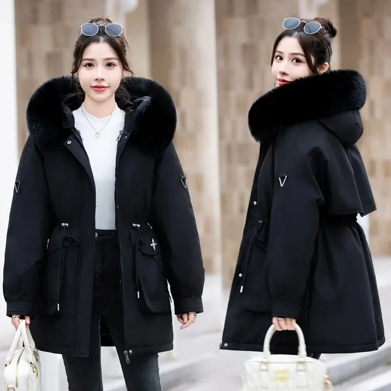 Women's Detachable Parker 2024 Winter New Plush Thicken Hooded Coat Female Oversized Warm Cotton Jacket Long Casual Overcoat