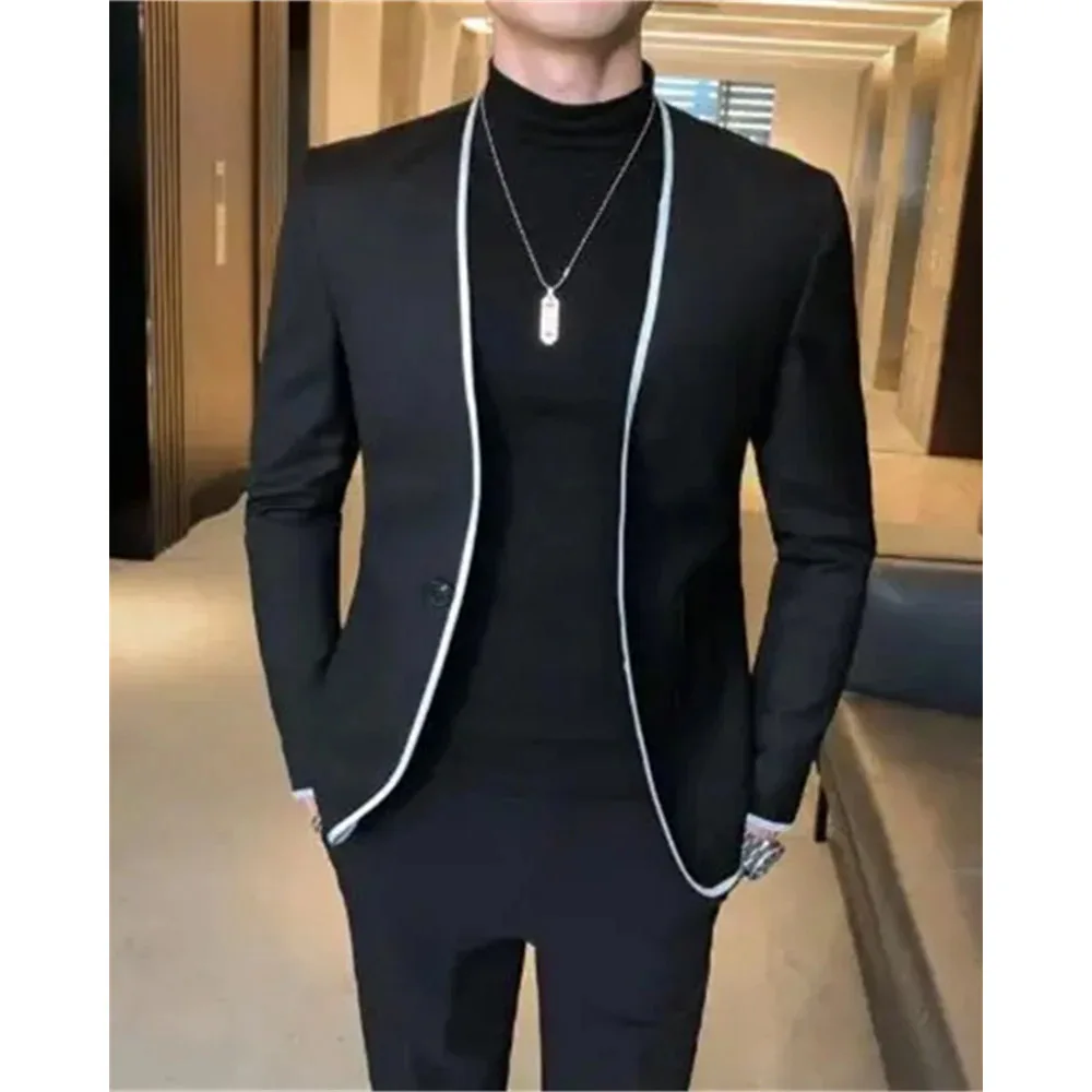 Elegant Black Gentlemen Men's Suits Slim Fit Casual Prom Party 2 Piece Jacket Pants Full Set Luxury Male Clothing Terno Blazer