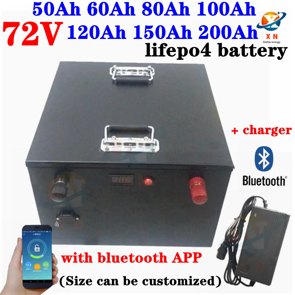 

lithium 80Ah 72V 100Ah 200Ah 120Ah 150Ah lifepo4 battery bluetooth BMS APP for 7000W scooter Motorcycle inverter + charger