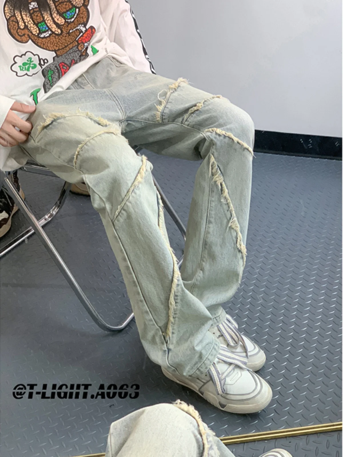 

Trendy Yellow Mud Color Men's Jeans Patchwork Frayed Micro Flared Straight Leg Durable Cotton Polyester Blend Autumn Wear